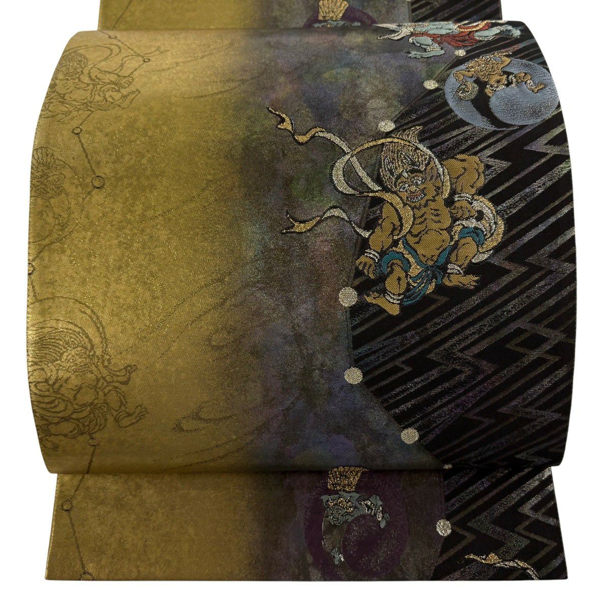 【美品】 袋帶 逸品級 風神雷神 幾何學圖案 金金箔 金色 六通 純蠶絲