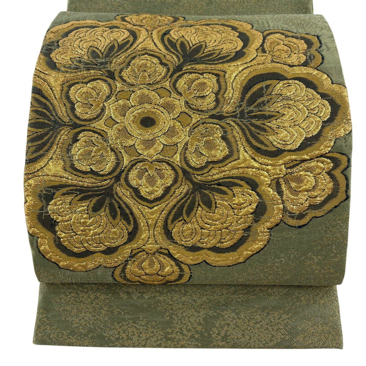 【美品】 袋帶 逸品級 華紋 金糸 金金箔 蓬色 大鼓圖案 純蠶絲