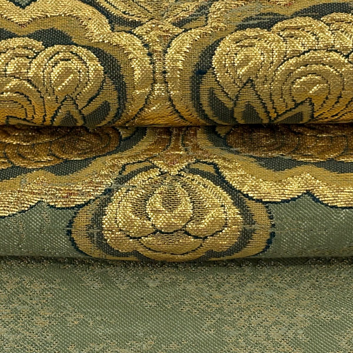 【美品】 袋帶 逸品級 華紋 金糸 金金箔 蓬色 大鼓圖案 純蠶絲