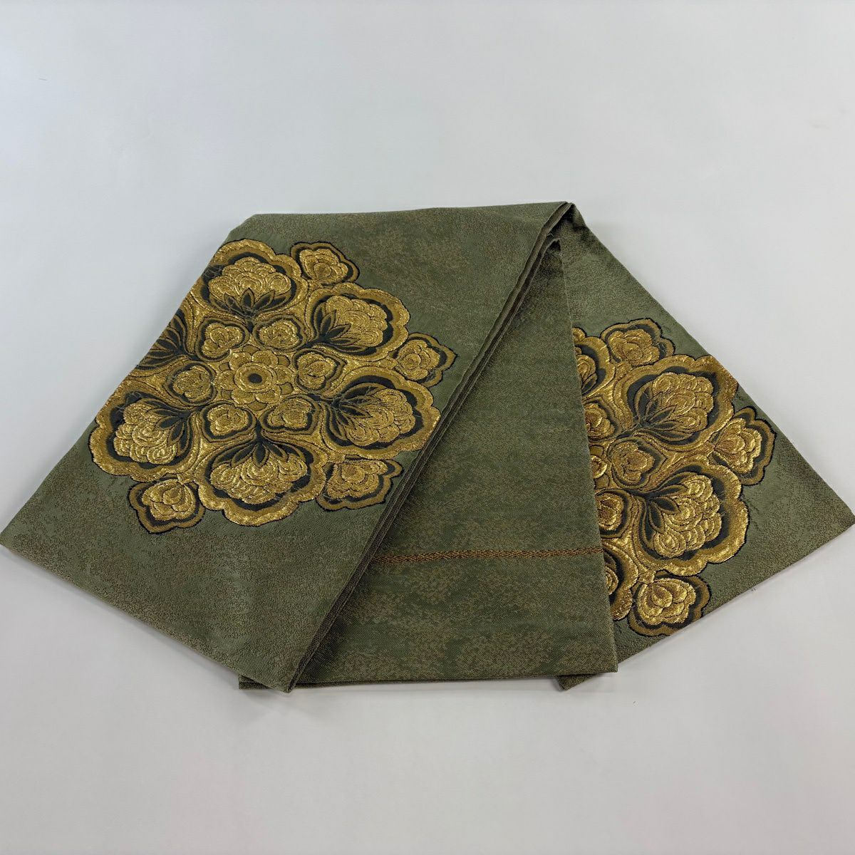 【美品】 袋帶 逸品級 華紋 金糸 金金箔 蓬色 大鼓圖案 純蠶絲
