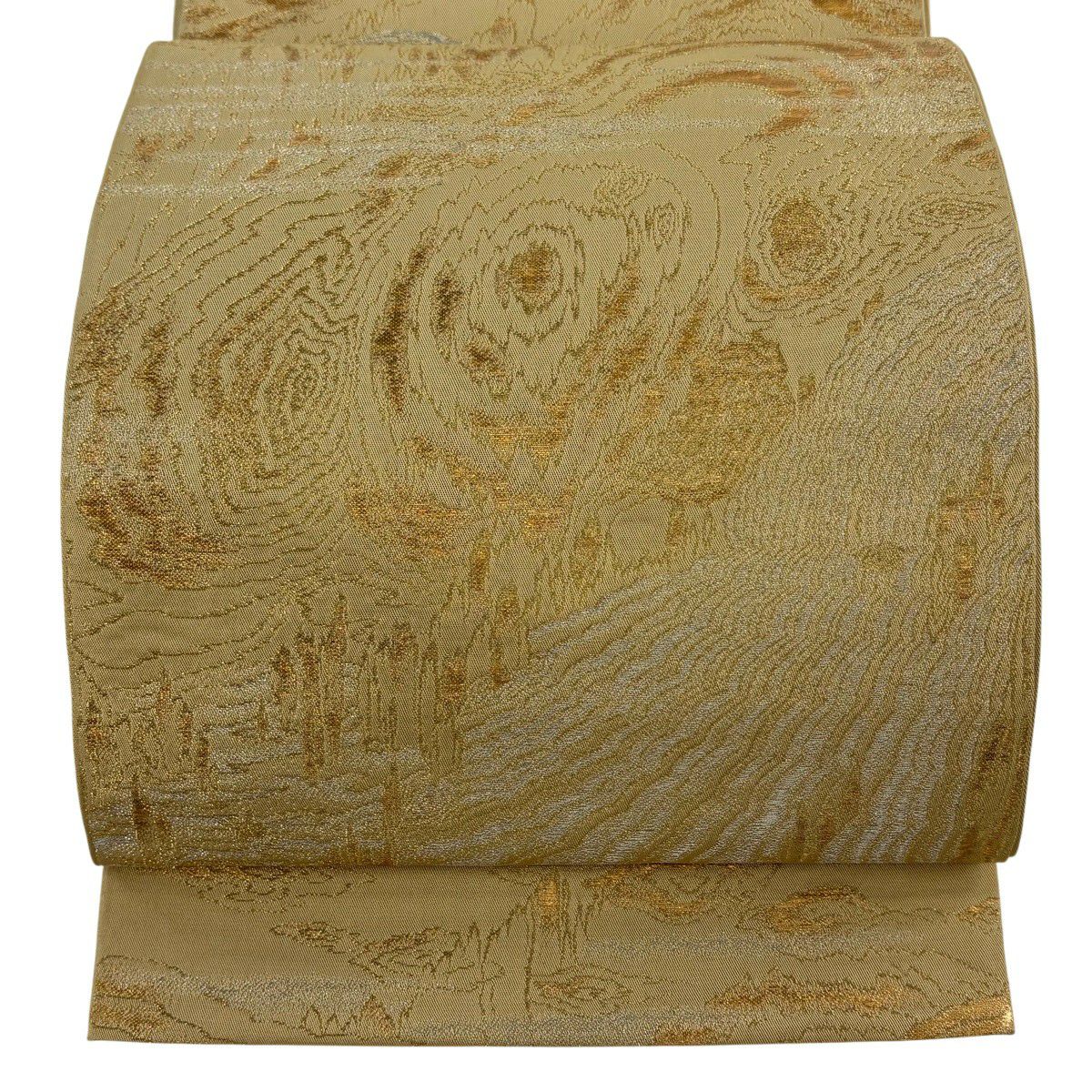 袋帶 逸品級 龍村平蔵 落款あり 幾何學圖案 金銀彩 金金箔 米色 大鼓圖案 純蠶絲
