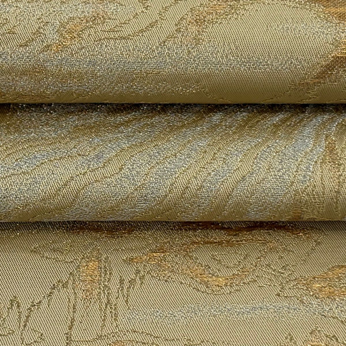 袋帶 逸品級 龍村平蔵 落款あり 幾何學圖案 金銀彩 金金箔 米色 大鼓圖案 純蠶絲