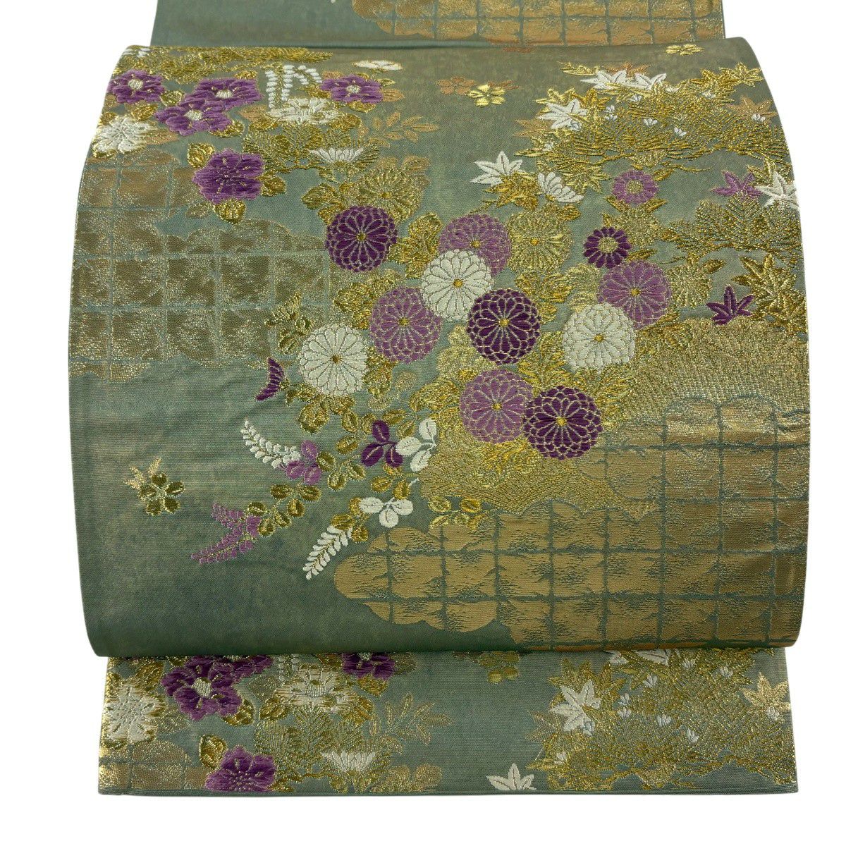 【美品】 袋帶 逸品級 じゅらく 落款あり 帝王紫 菊花 雲文 金糸 金金箔 薄綠 六通 純蠶絲