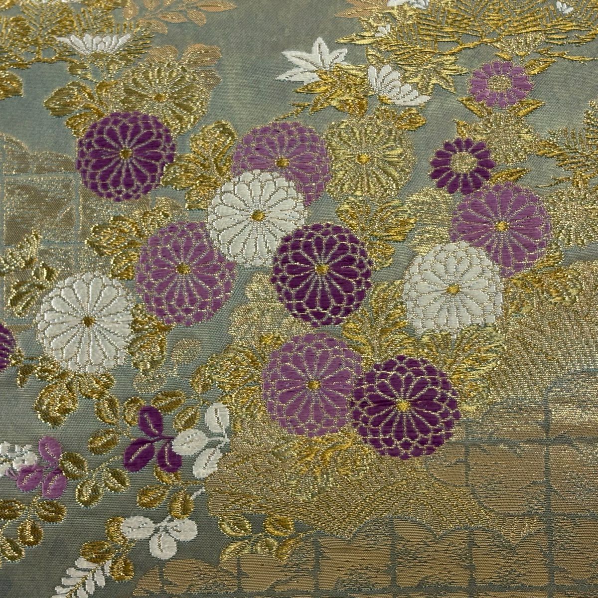 【美品】 袋帶 逸品級 じゅらく 落款あり 帝王紫 菊花 雲文 金糸 金金箔 薄綠 六通 純蠶絲