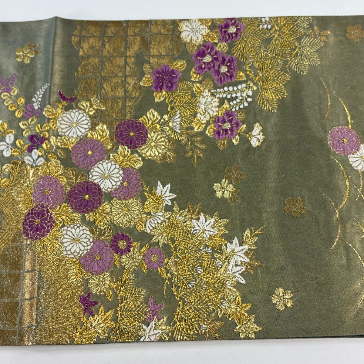 【美品】 袋帶 逸品級 じゅらく 落款あり 帝王紫 菊花 雲文 金糸 金金箔 薄綠 六通 純蠶絲