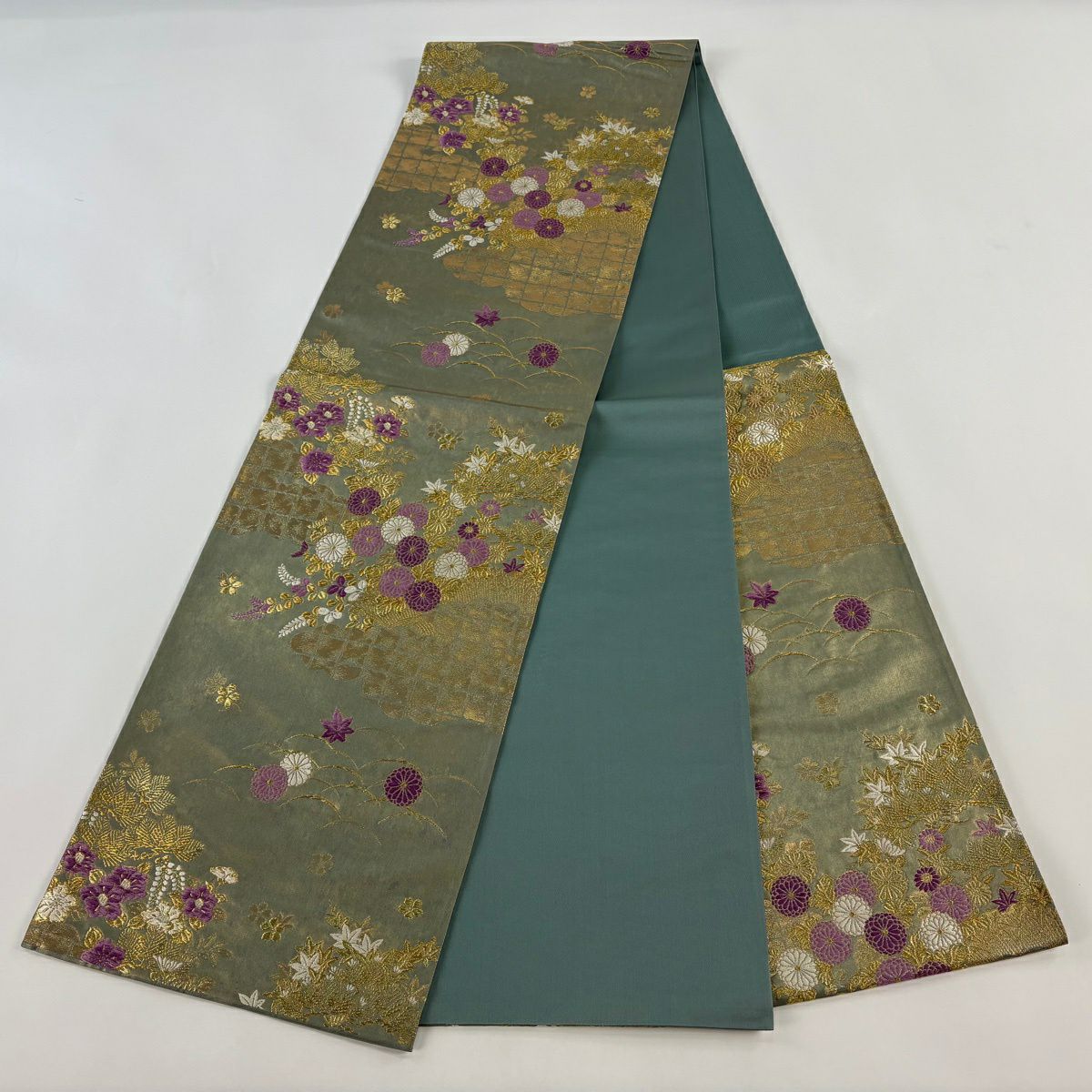 【美品】 袋帶 逸品級 じゅらく 落款あり 帝王紫 菊花 雲文 金糸 金金箔 薄綠 六通 純蠶絲