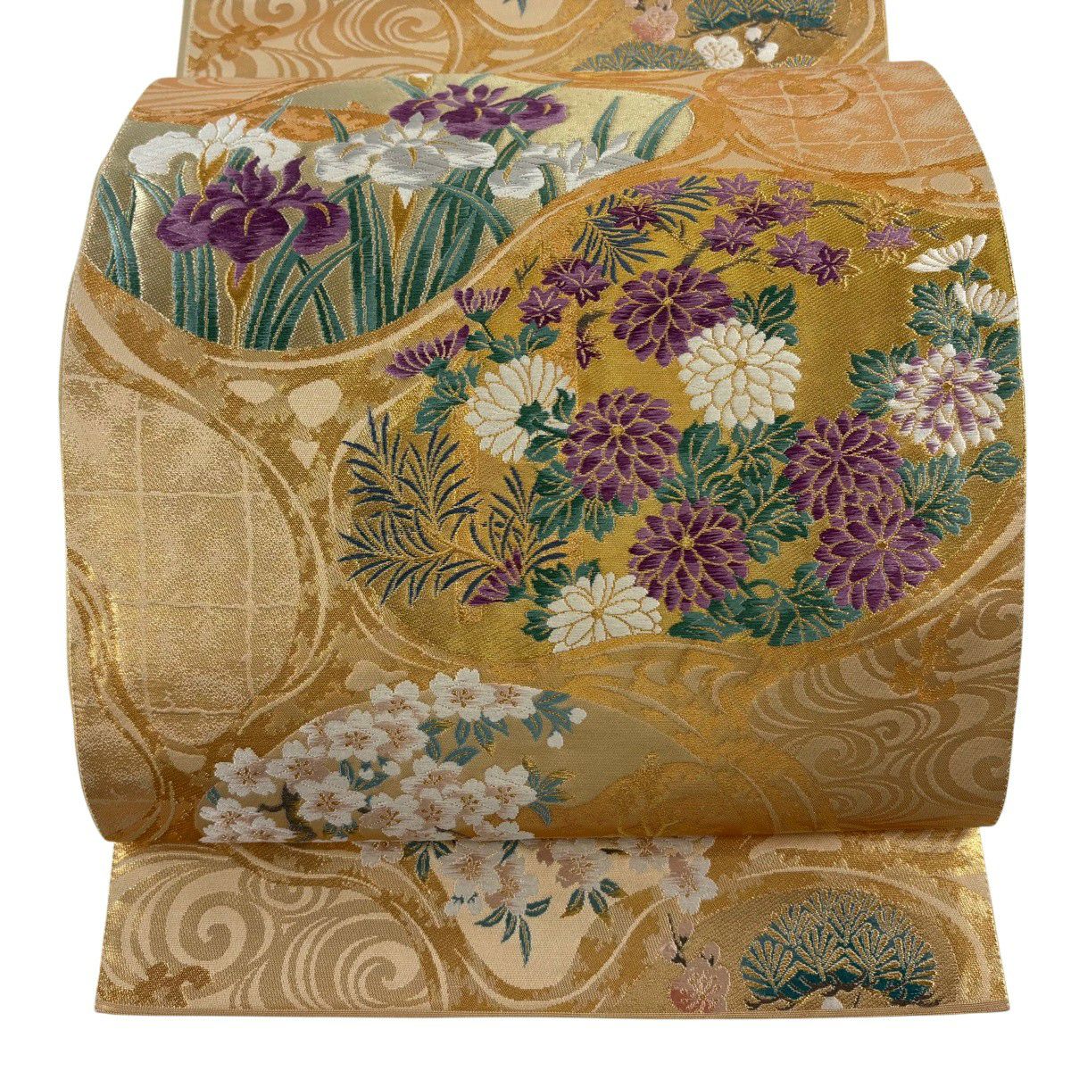 【美品】 袋帶 逸品級 じゅらく 落款あり 帝王紫 菊花 松樹梅花 金絲 金金箔 金 六通 純蠶絲