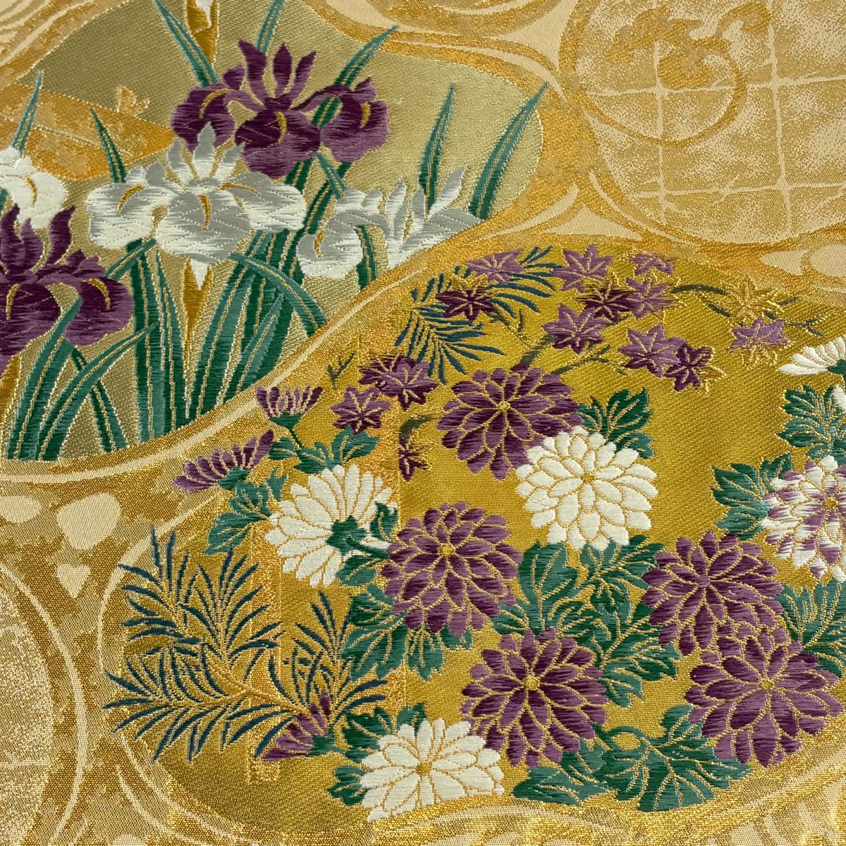 【美品】 袋帶 逸品級 じゅらく 落款あり 帝王紫 菊花 松樹梅花 金絲 金金箔 金 六通 純蠶絲
