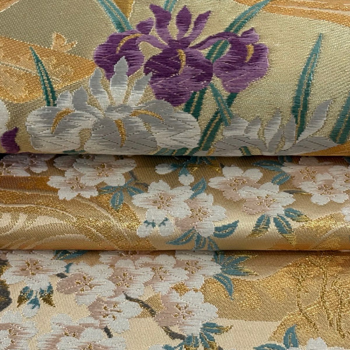 【美品】 袋帶 逸品級 じゅらく 落款あり 帝王紫 菊花 松樹梅花 金絲 金金箔 金 六通 純蠶絲