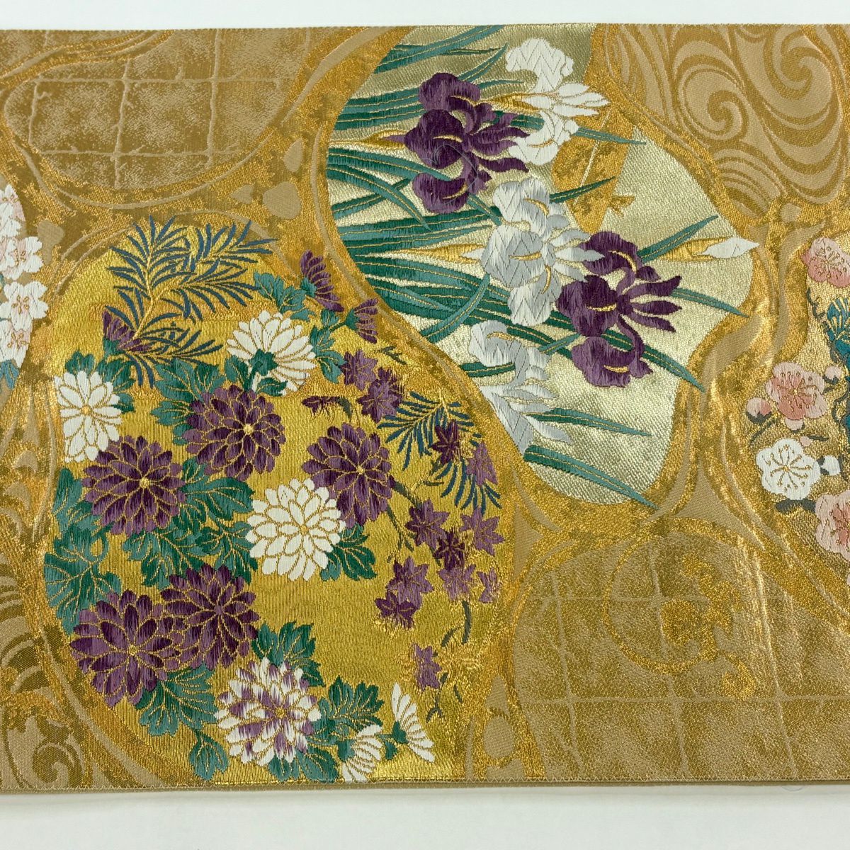 【美品】 袋帶 逸品級 じゅらく 落款あり 帝王紫 菊花 松樹梅花 金絲 金金箔 金 六通 純蠶絲