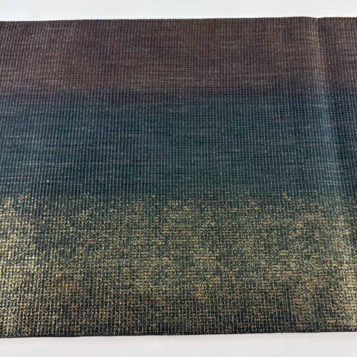 【美品】 袋帶 逸品級 中村乃武夫 落款あり 縱條 金金箔 灰綠 六通 純蠶絲