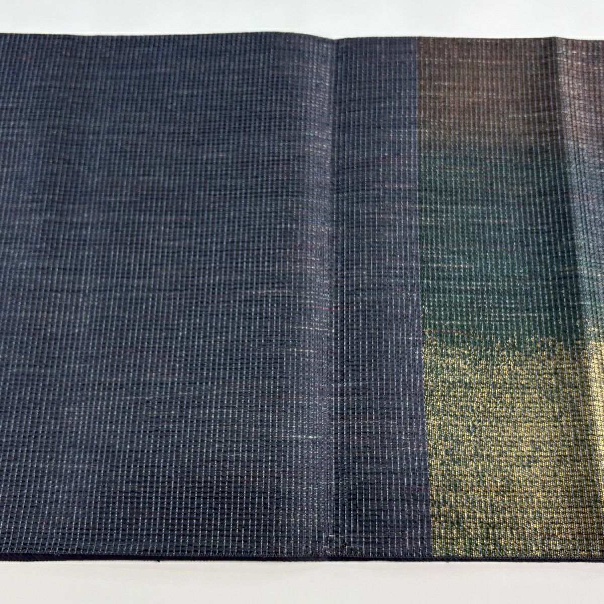 【美品】 袋帶 逸品級 中村乃武夫 落款あり 縱條 金金箔 灰綠 六通 純蠶絲