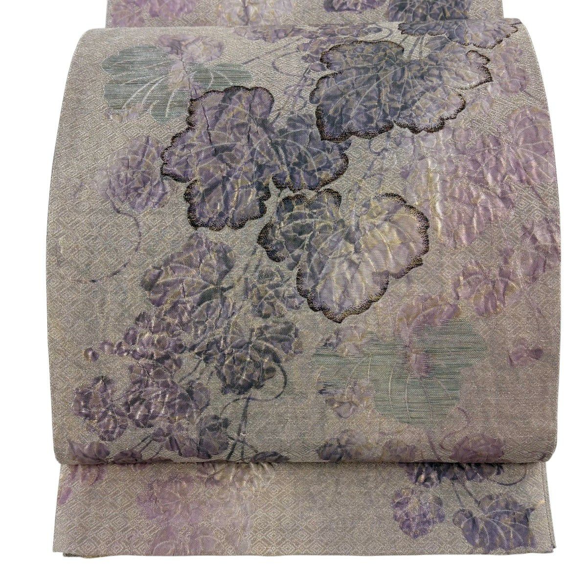 【美品】 袋帶 逸品級 蔦 金銀彩 金金箔 淺紫 六通 純蠶絲