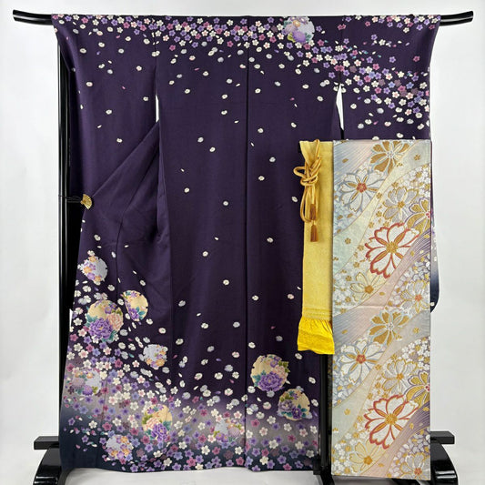 振袖禮服 身長168.5cm 袖長68.5cm L 雙層 袋帶全套 雪輪 草花紋紋 銀通 金銀彩 濃紫 純蠶絲 名品級