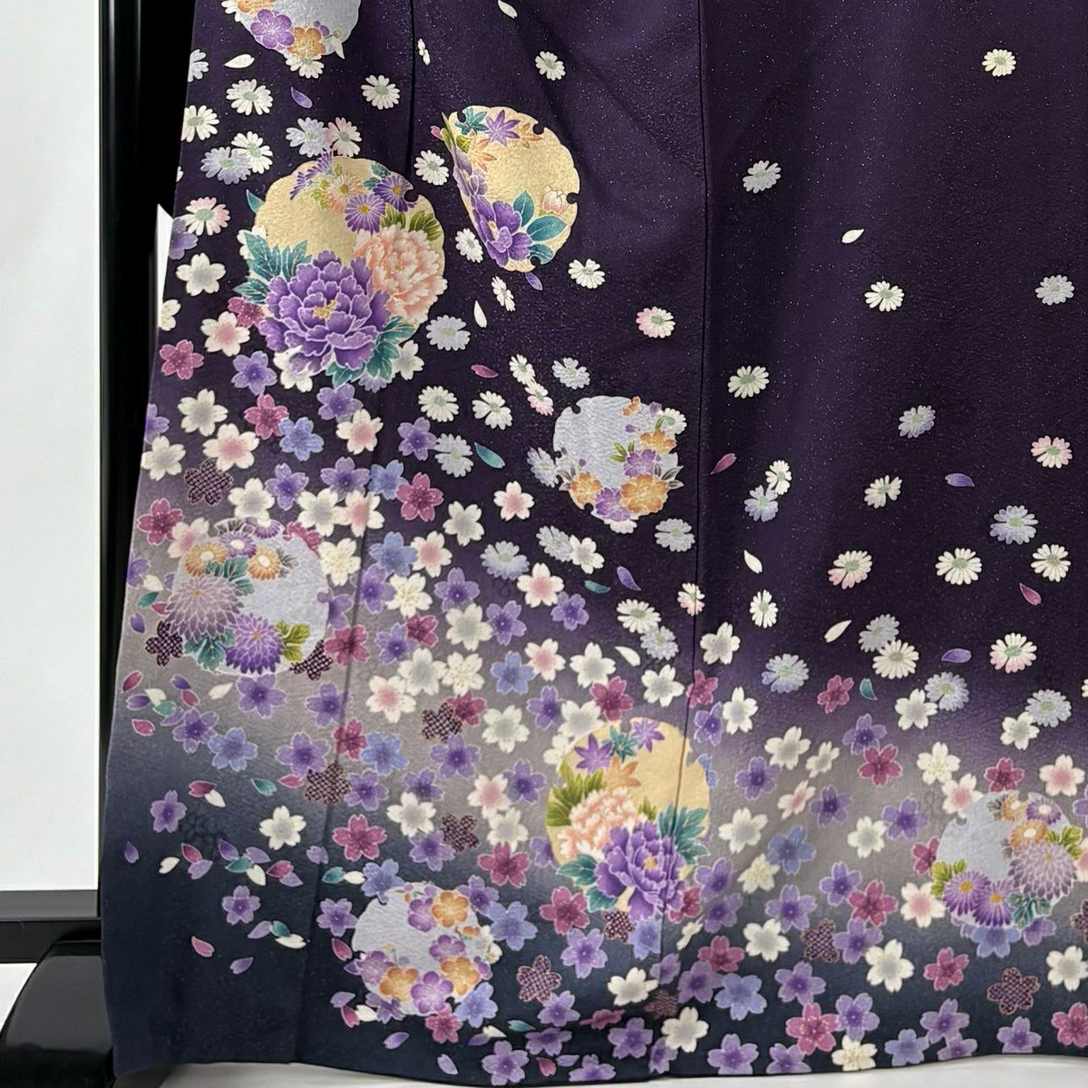 振袖禮服 身長168.5cm 袖長68.5cm L 雙層 袋帶全套 雪輪 草花紋紋 銀通 金銀彩 濃紫 純蠶絲 名品級