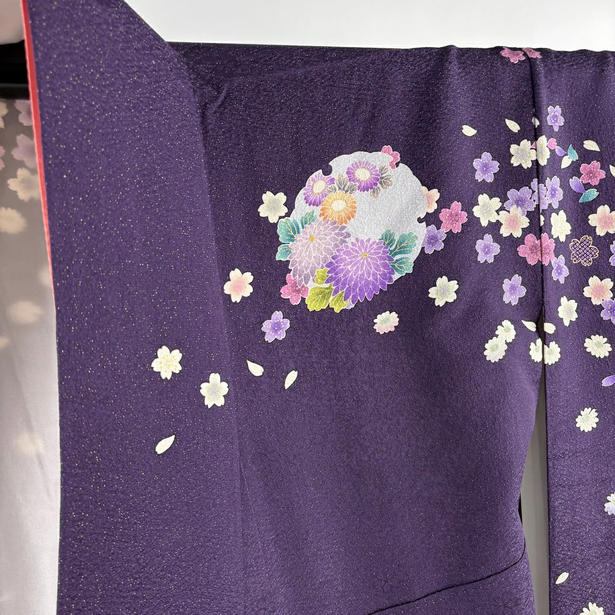 振袖禮服 身長168.5cm 袖長68.5cm L 雙層 袋帶全套 雪輪 草花紋紋 銀通 金銀彩 濃紫 純蠶絲 名品級