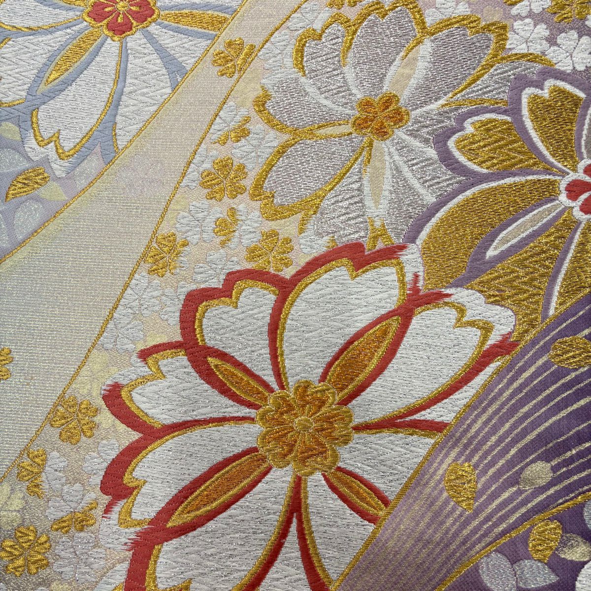 振袖禮服 身長168.5cm 袖長68.5cm L 雙層 袋帶全套 雪輪 草花紋紋 銀通 金銀彩 濃紫 純蠶絲 名品級