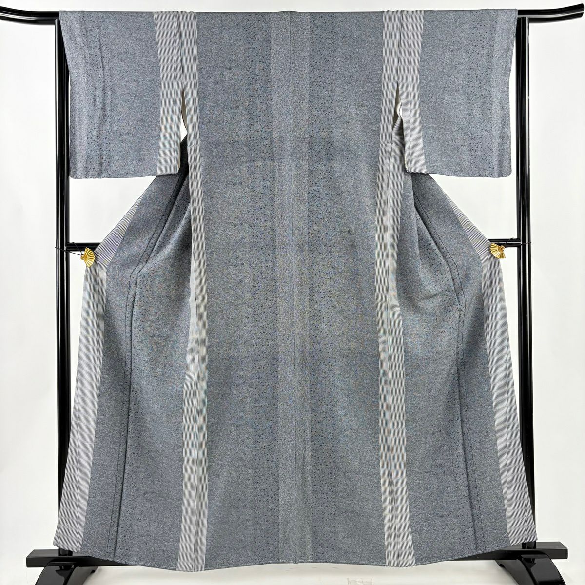 【美品】 江戶小紋 身長160cm 袖長64cm M 雙層 名古屋帶套裝 梅花花 細條紋 青灰色 純蠶絲 優品級