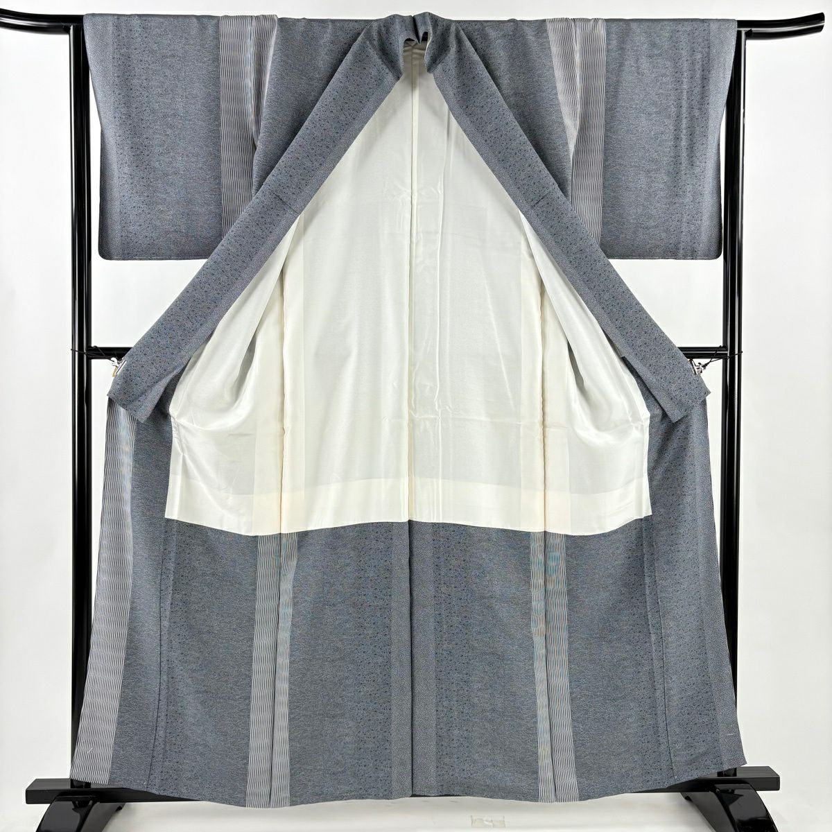 【美品】 江戶小紋 身長160cm 袖長64cm M 雙層 名古屋帶套裝 梅花花 細條紋 青灰色 純蠶絲 優品級