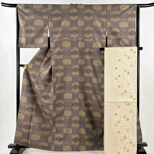 【美品】 小紋 身長164cm 袖長64cm M 雙層 紬織織 袋帶套裝 幾何學 茶紫 純蠶絲 優品級