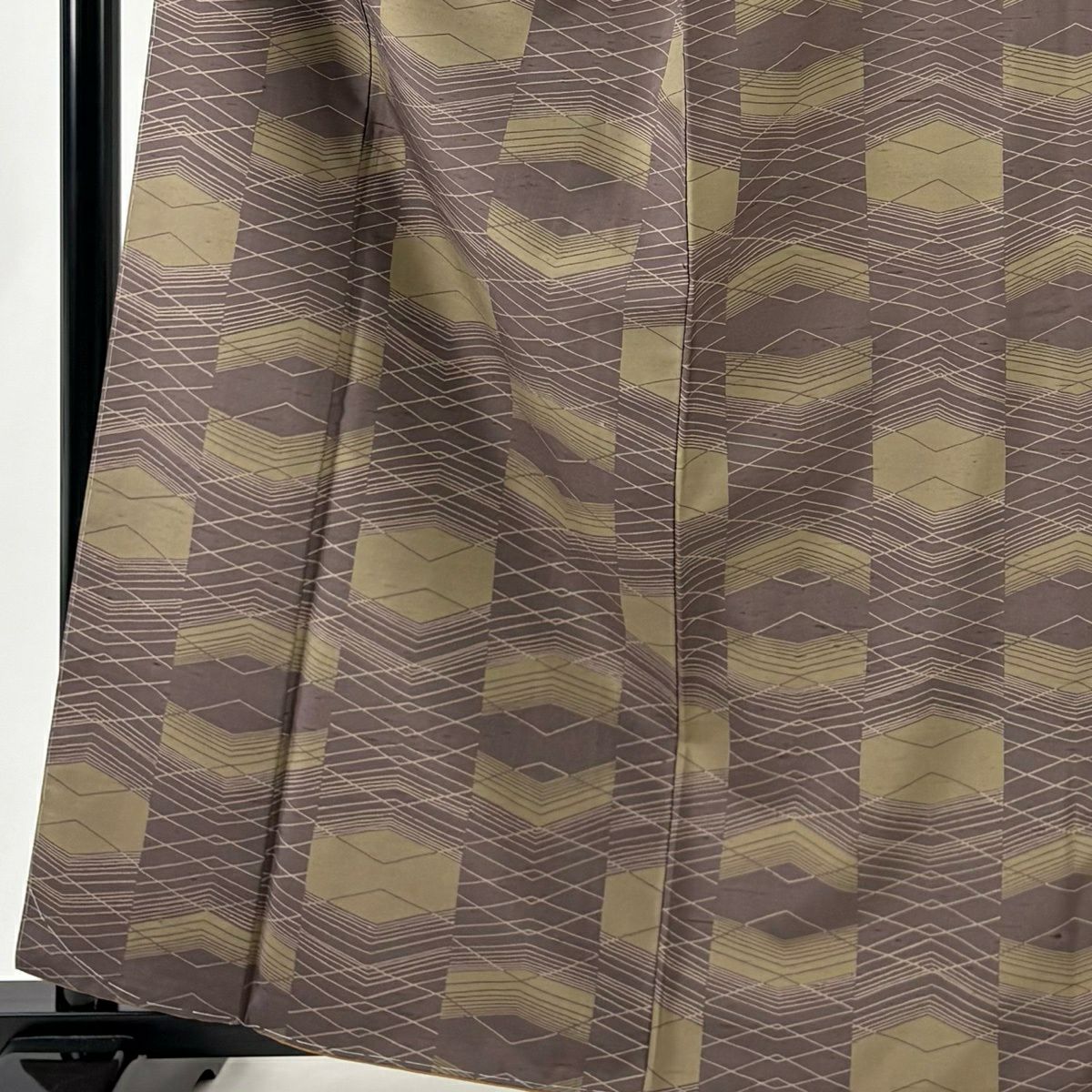 【美品】 小紋 身長164cm 袖長64cm M 雙層 紬織織 袋帶套裝 幾何學 茶紫 純蠶絲 優品級