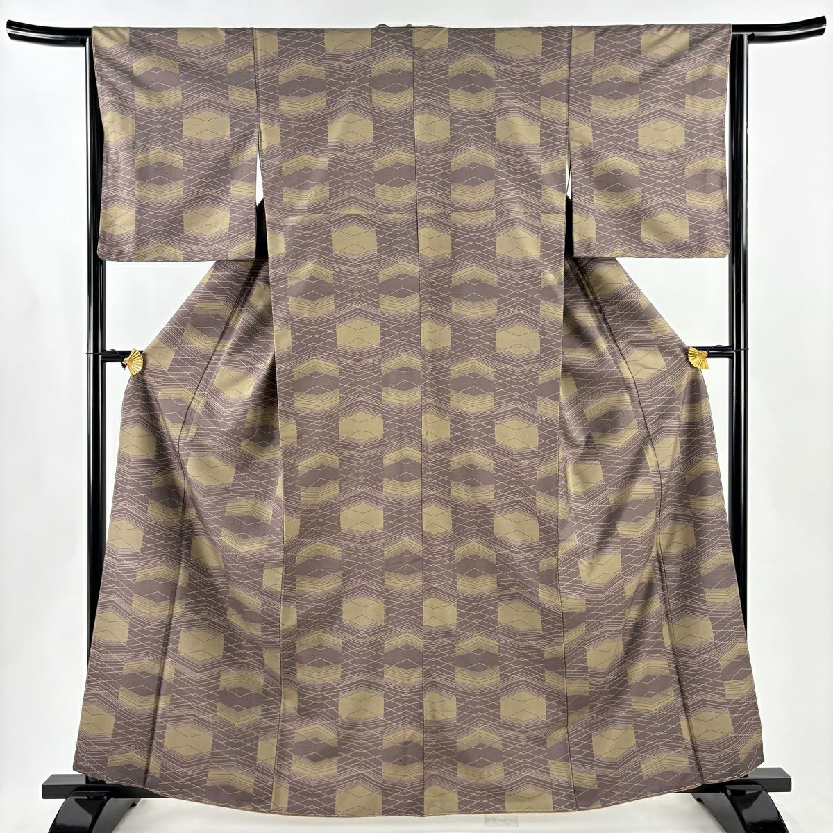 【美品】 小紋 身長164cm 袖長64cm M 雙層 紬織織 袋帶套裝 幾何學 茶紫 純蠶絲 優品級