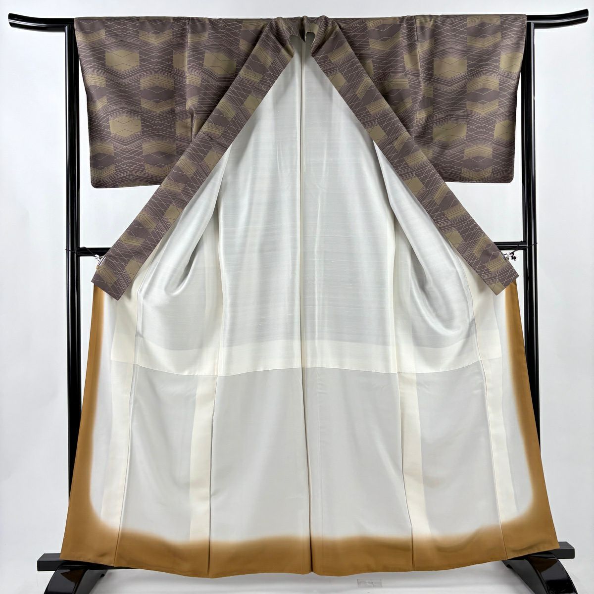 【美品】 小紋 身長164cm 袖長64cm M 雙層 紬織織 袋帶套裝 幾何學 茶紫 純蠶絲 優品級