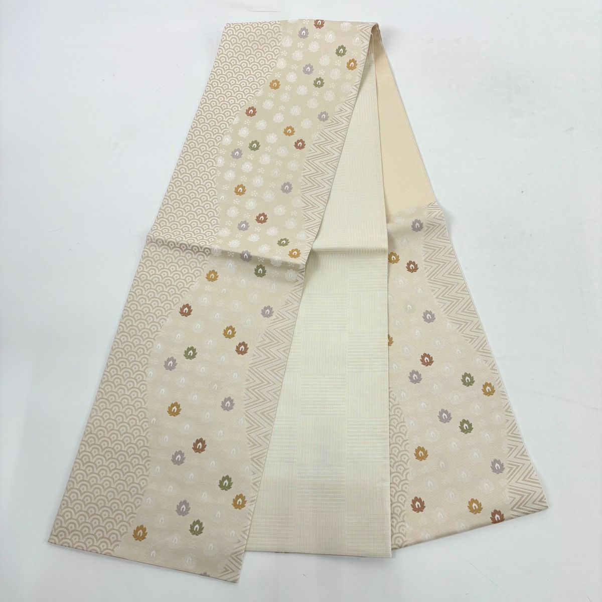 【美品】 小紋 身長164cm 袖長64cm M 雙層 紬織織 袋帶套裝 幾何學 茶紫 純蠶絲 優品級