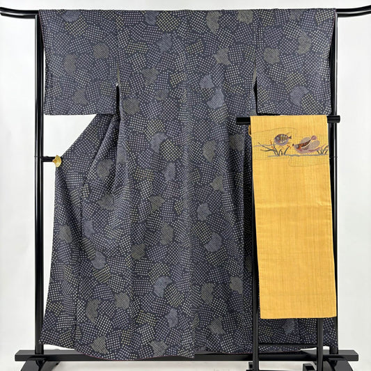 【美品】 小紋 身長158cm 袖長64.5cm M 雙層 名古屋帶套裝 幾何學 灰紫 純蠶絲 秀品級