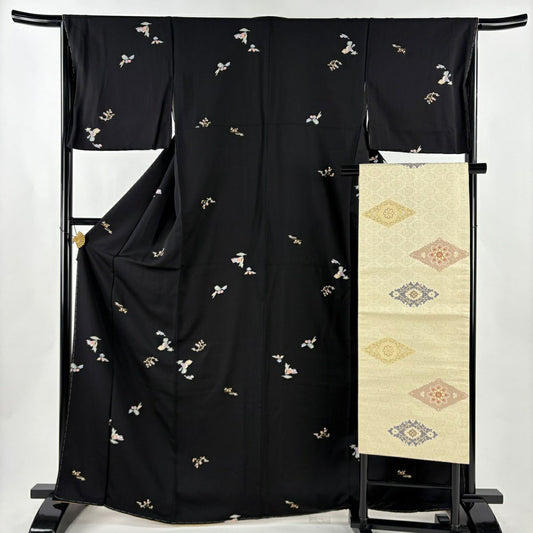 【美品】 小紋 身長167cm 袖長65.5cm M 雙層 名古屋帶套裝 草花紋紋 金彩裝飾 黑 純蠶絲 秀品級