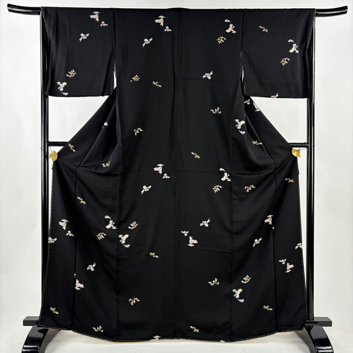 【美品】 小紋 身長167cm 袖長65.5cm M 雙層 名古屋帶套裝 草花紋紋 金彩裝飾 黑 純蠶絲 秀品級