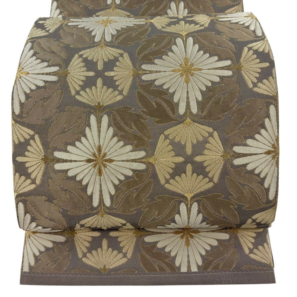 【美品】 袋帶 逸品級 人間國寶 北村武資 落款あり 菊花 金絲 灰茶 六通 純蠶絲