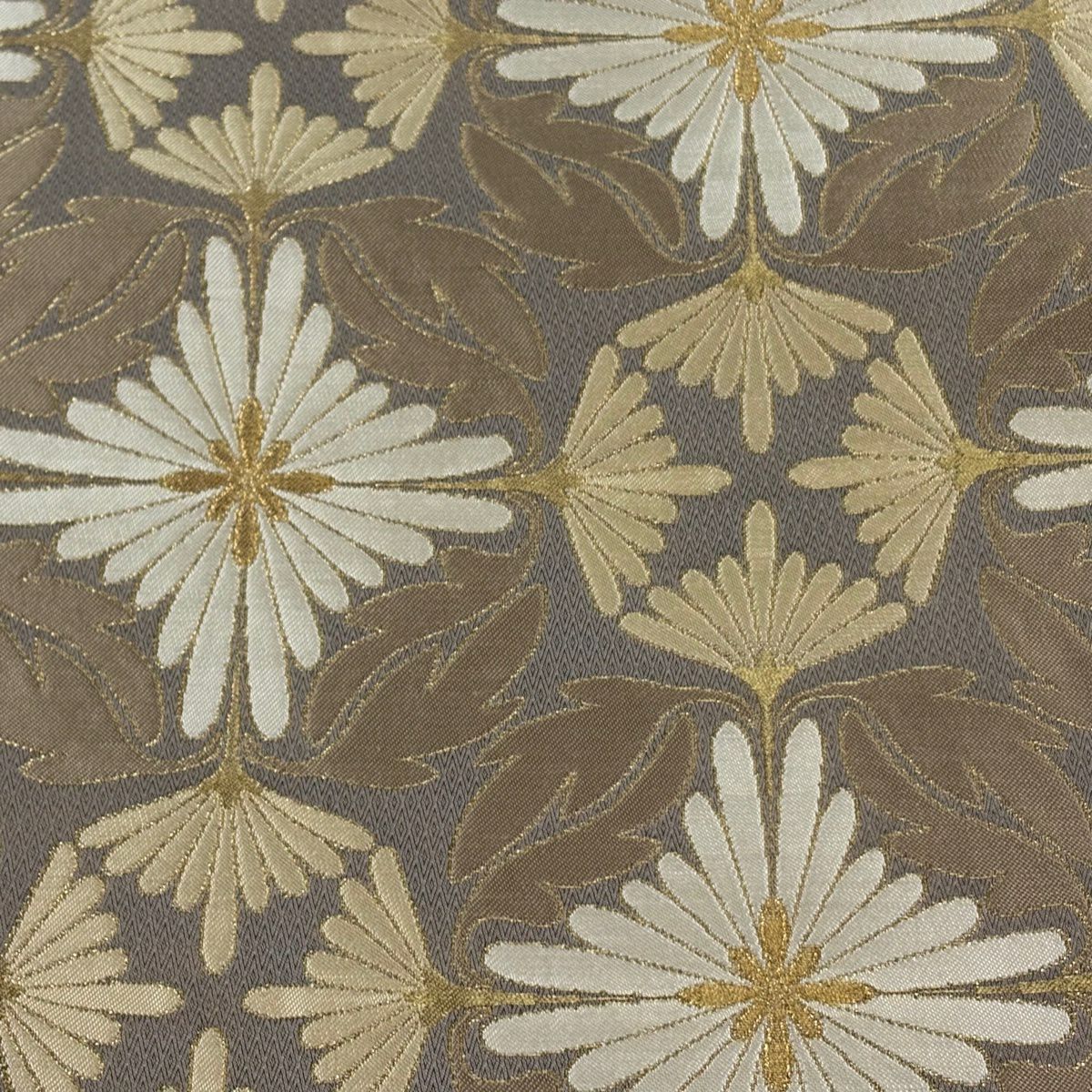 【美品】 袋帶 逸品級 人間國寶 北村武資 落款あり 菊花 金絲 灰茶 六通 純蠶絲