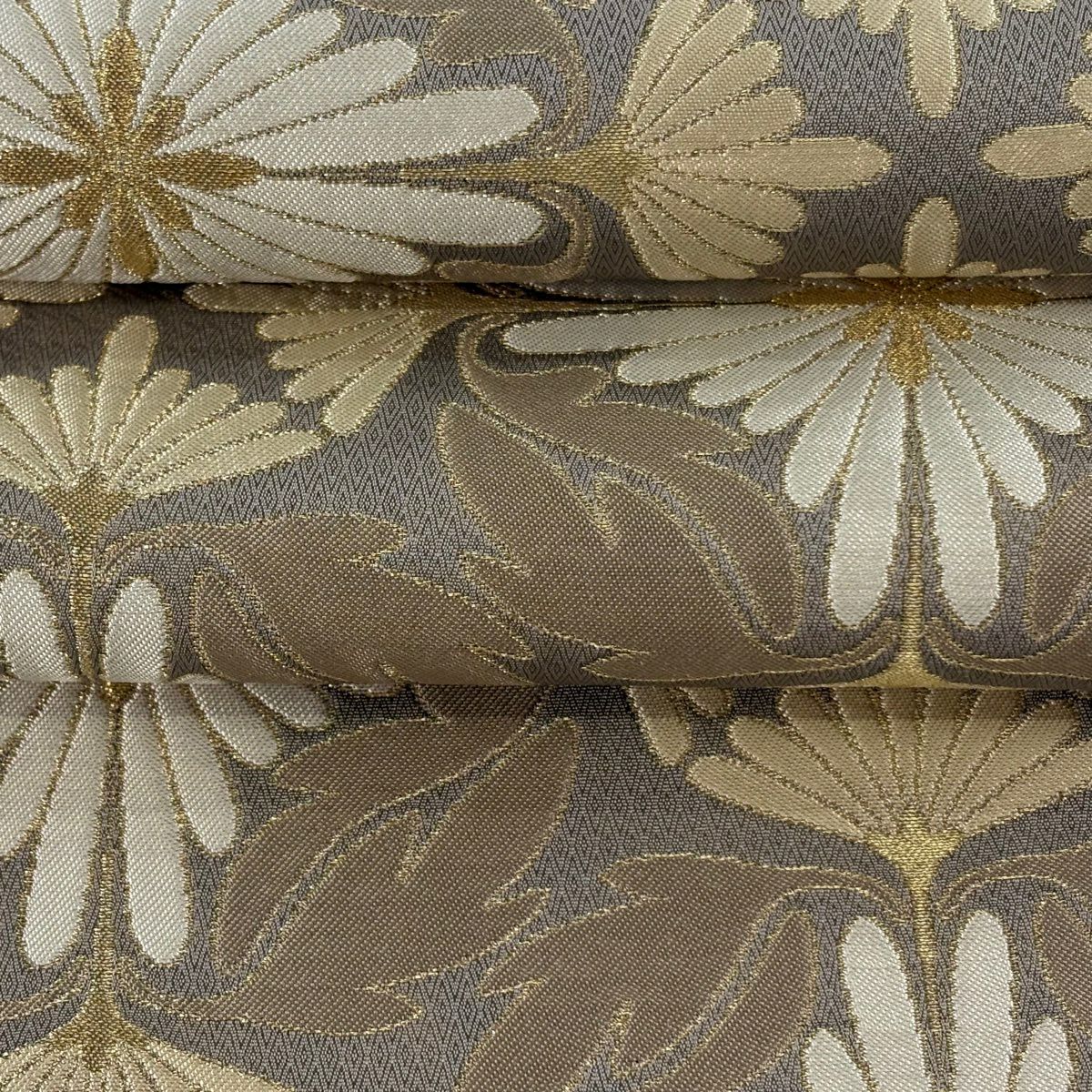 【美品】 袋帶 逸品級 人間國寶 北村武資 落款あり 菊花 金絲 灰茶 六通 純蠶絲