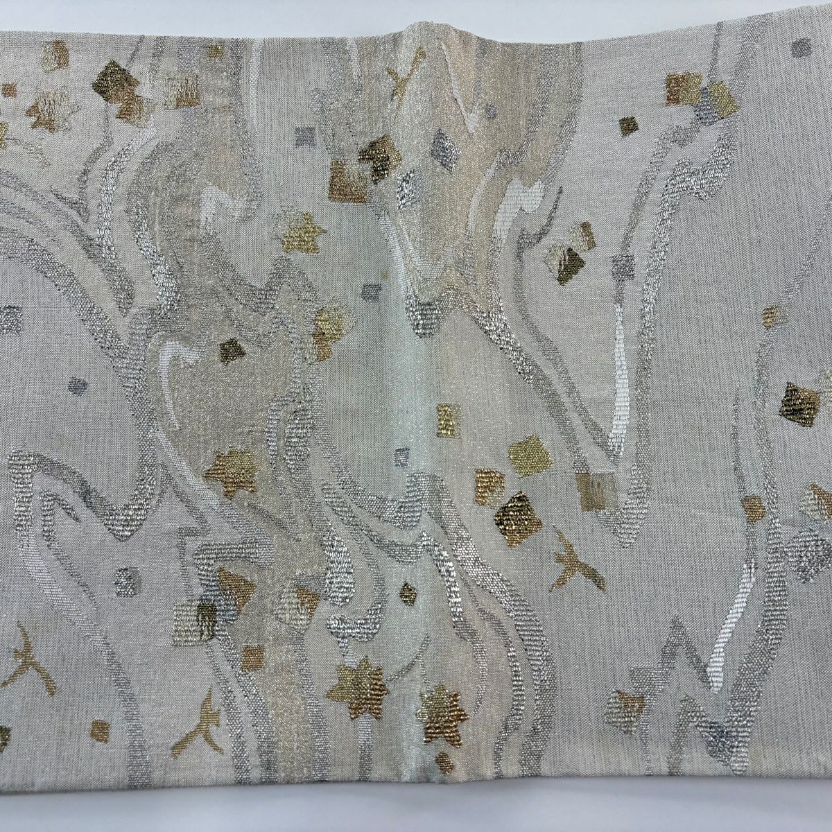 袋帶 名品級 金金箔散花紋 葉紋 金銀絲 金金箔 灰白 大鼓紋 純蠶絲