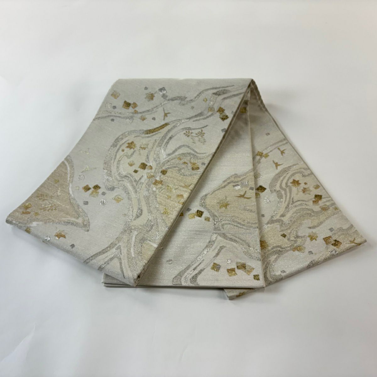 袋帶 名品級 金金箔散花紋 葉紋 金銀絲 金金箔 灰白 大鼓紋 純蠶絲