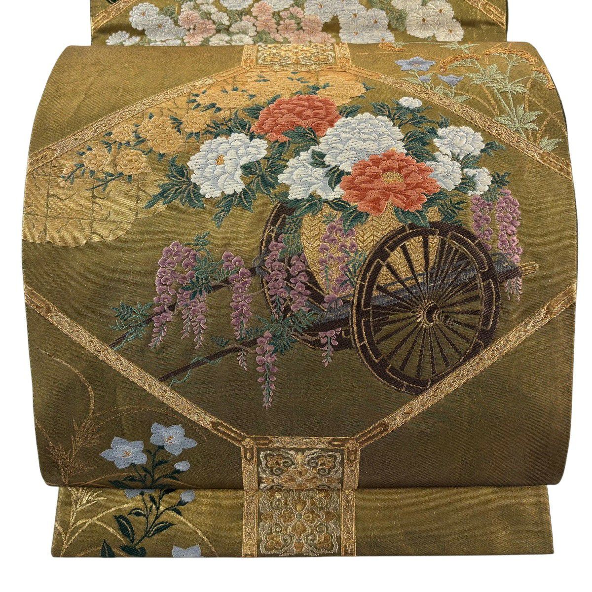 袋帶 名品級 じゅらく 落款 花車 花菱 金絲 金金箔 金 六通 純蠶絲
