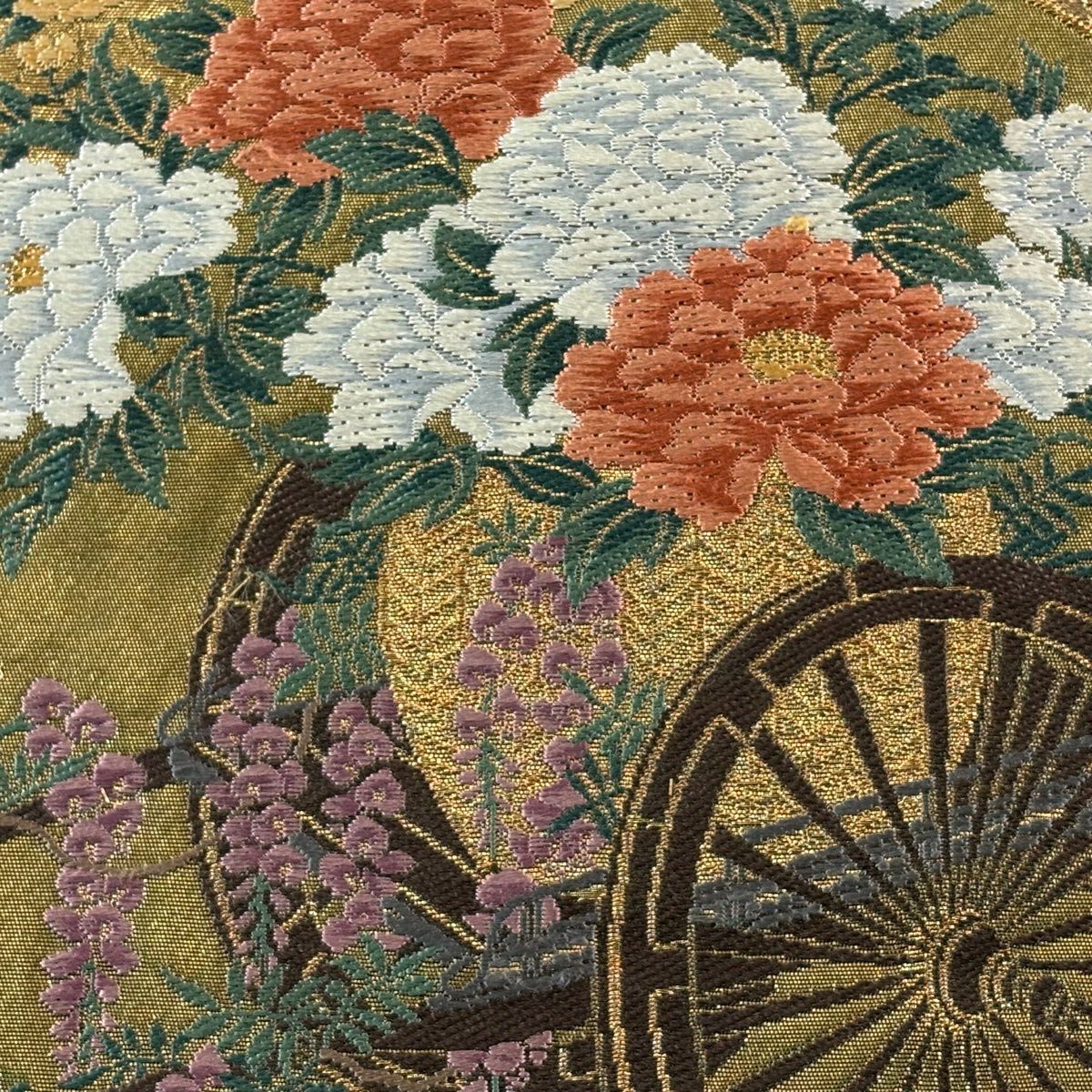 袋帶 名品級 じゅらく 落款 花車 花菱 金絲 金金箔 金 六通 純蠶絲