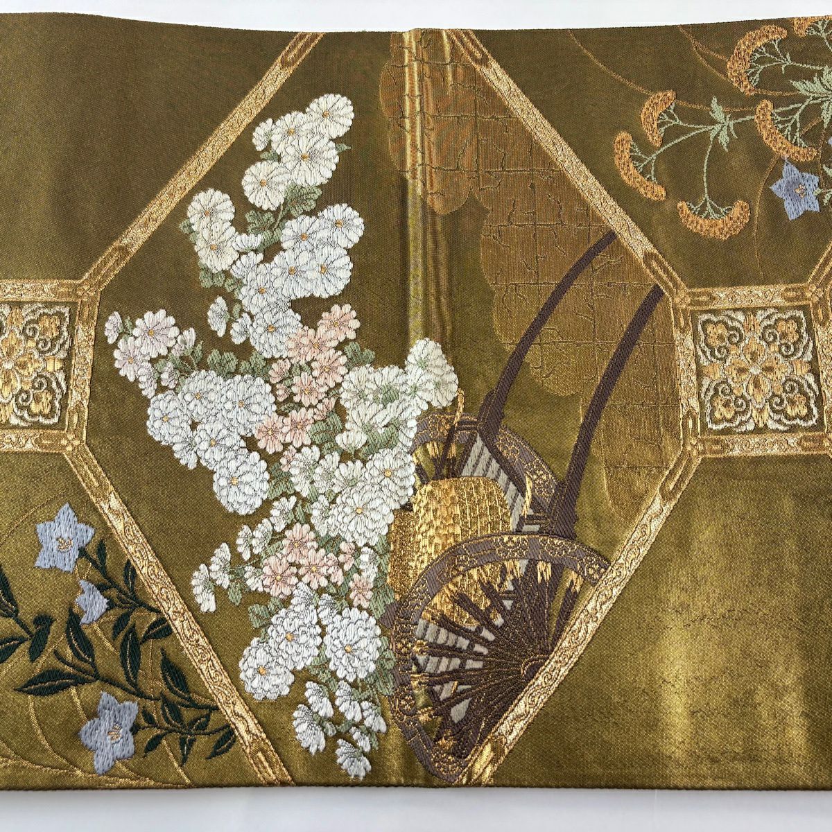袋帶 名品級 じゅらく 落款 花車 花菱 金絲 金金箔 金 六通 純蠶絲