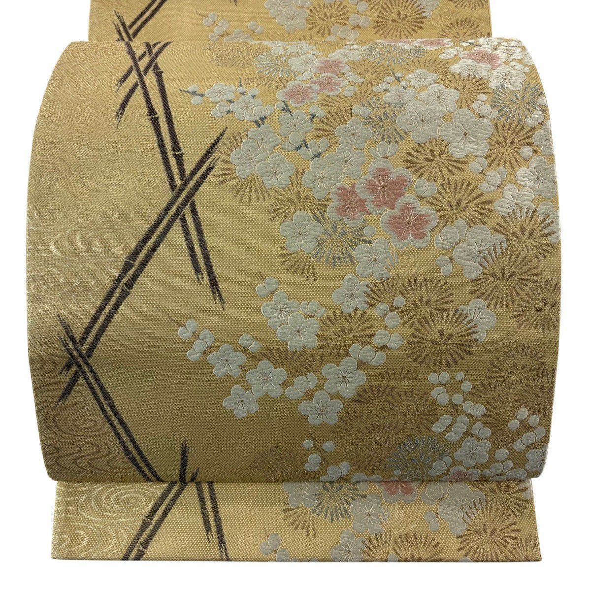 【美品】 袋帶 名品級 松樹竹子梅花 金銀絲 唐織 薄橙 六通 純蠶絲