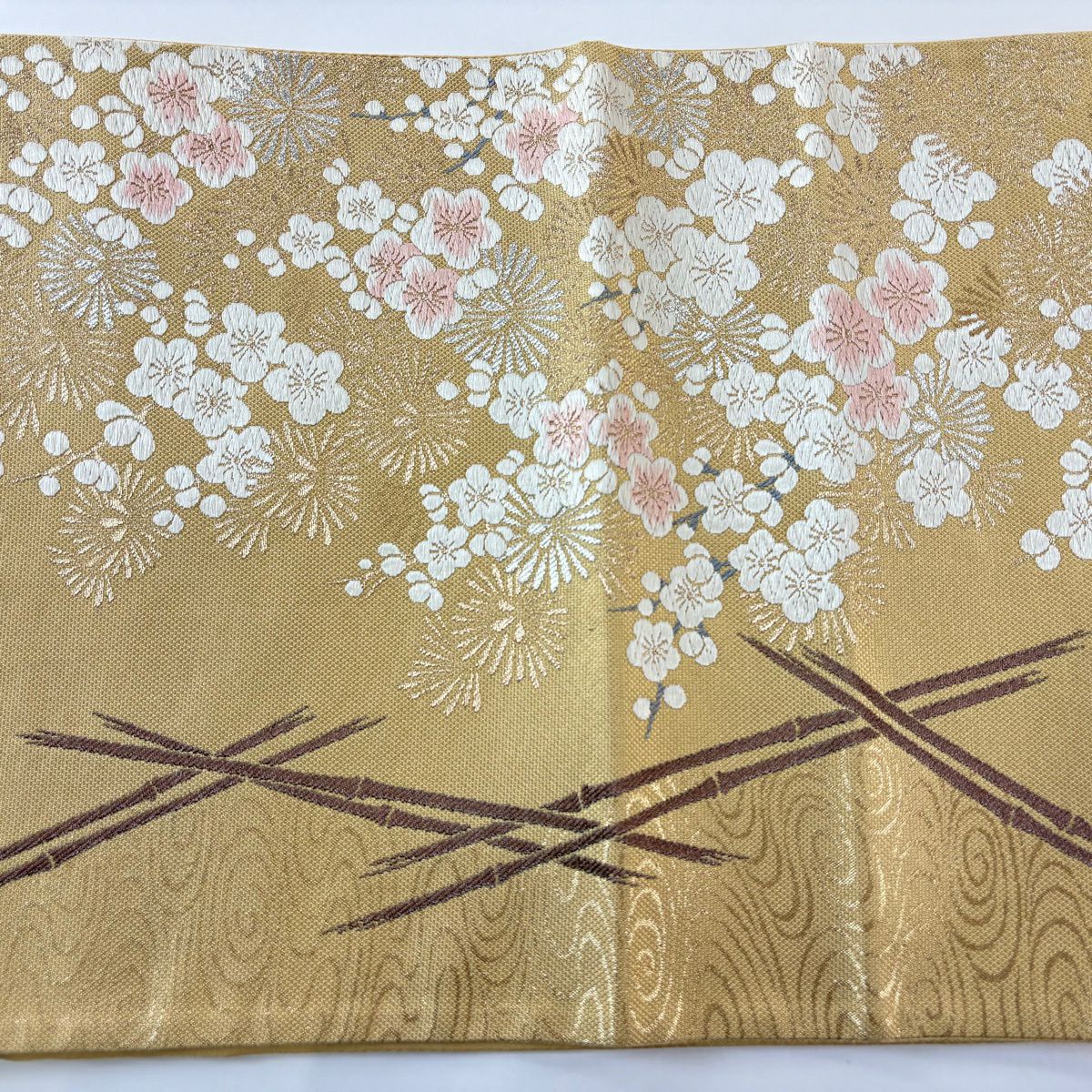 【美品】 袋帶 名品級 松樹竹子梅花 金銀絲 唐織 薄橙 六通 純蠶絲
