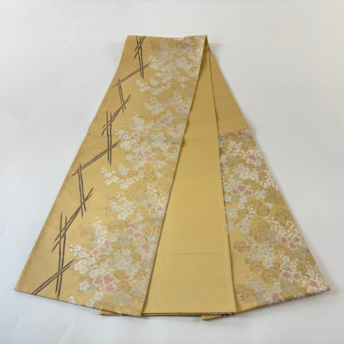 【美品】 袋帶 名品級 松樹竹子梅花 金銀絲 唐織 薄橙 六通 純蠶絲