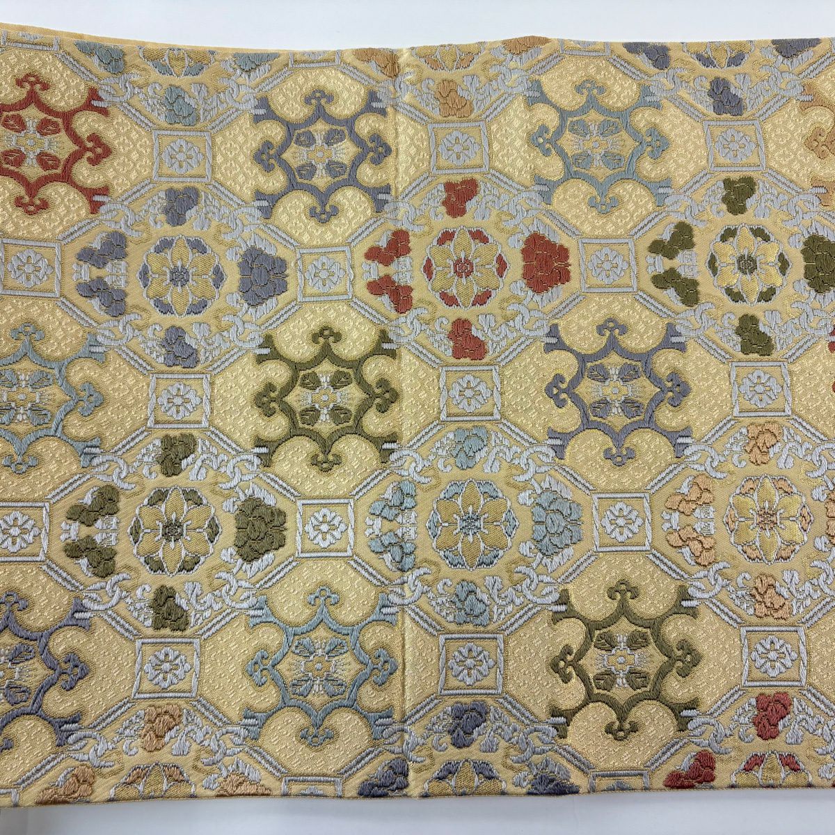 袋帶 名品級 蜀江文 華紋 刺繡 金金箔 淺黃 六通 純蠶絲
