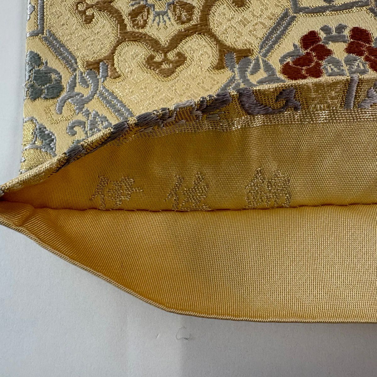 袋帶 名品級 蜀江文 華紋 刺繡 金金箔 淺黃 六通 純蠶絲