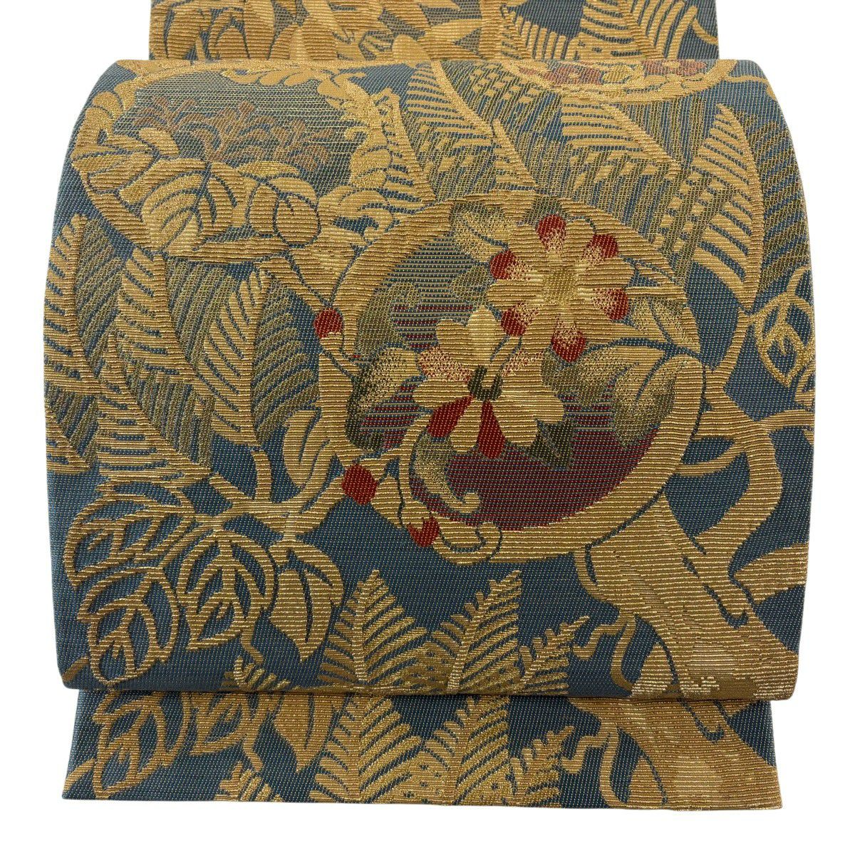 【美品】 袋帶 名品級 花丸紋 松樹竹子梅花 金銀絲 青灰 六通 純蠶絲