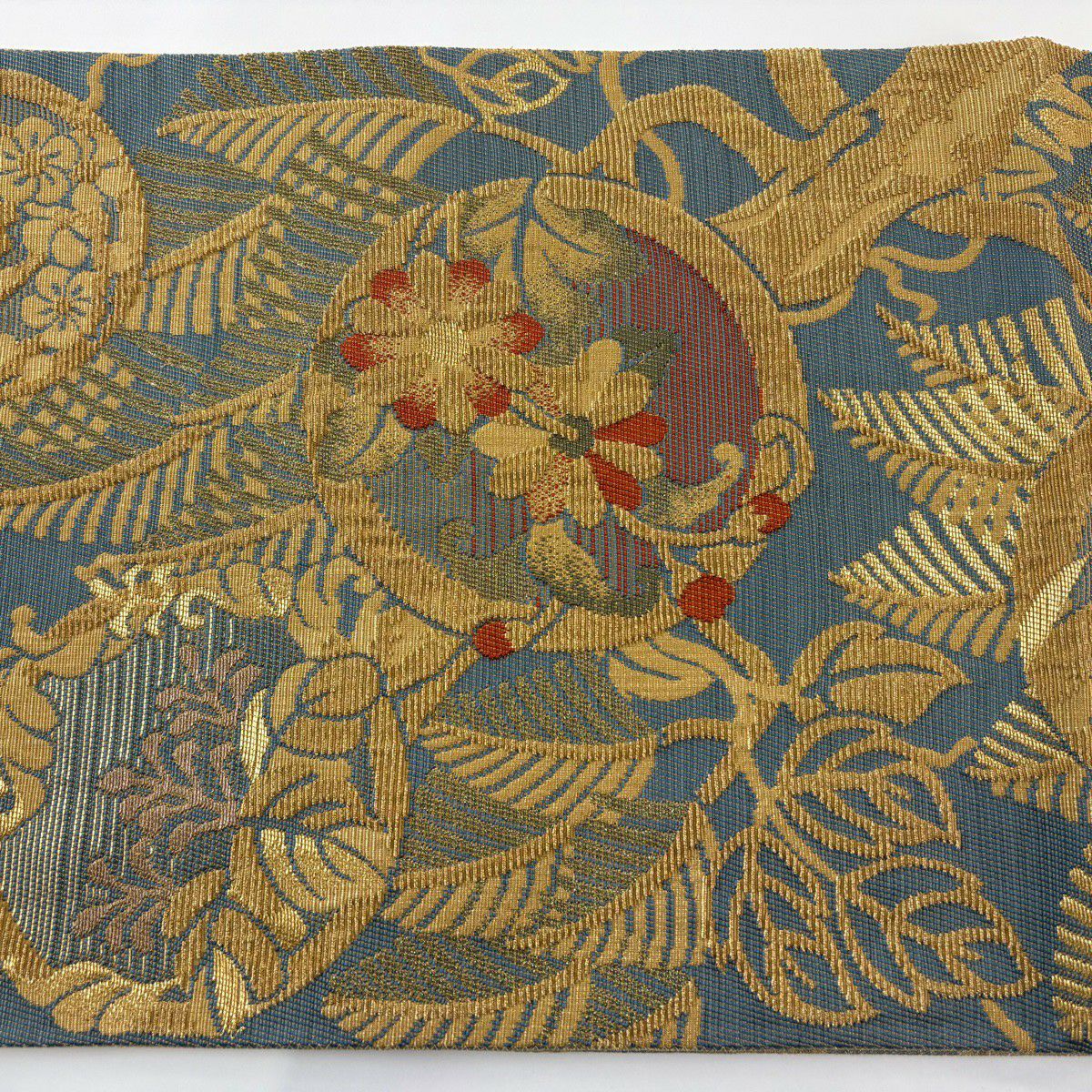 【美品】 袋帶 名品級 花丸紋 松樹竹子梅花 金銀絲 青灰 六通 純蠶絲