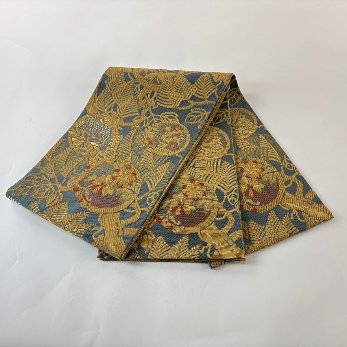 【美品】 袋帶 名品級 花丸紋 松樹竹子梅花 金銀絲 青灰 六通 純蠶絲