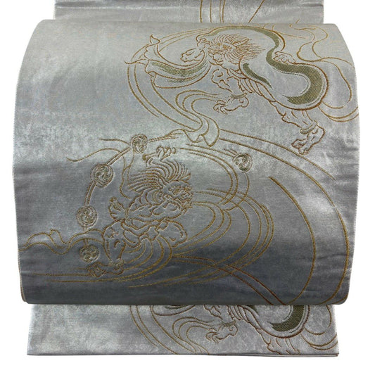 袋帶 名品級 風神雷神 金絲 金金箔 銀 六通 純蠶絲