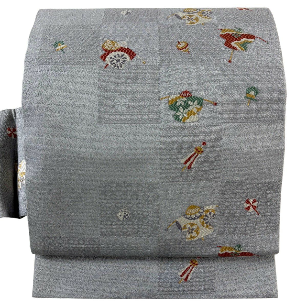 【美品】 名古屋帶 名品級 風車 独樂 灰色 純蠶絲