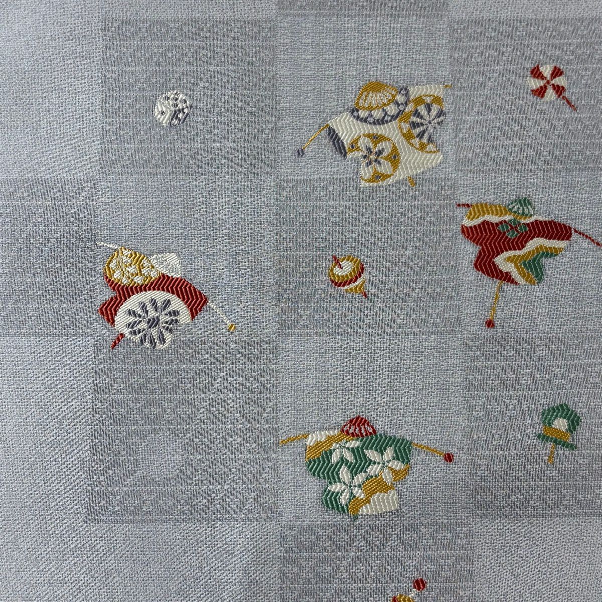 【美品】 名古屋帶 名品級 風車 独樂 灰色 純蠶絲